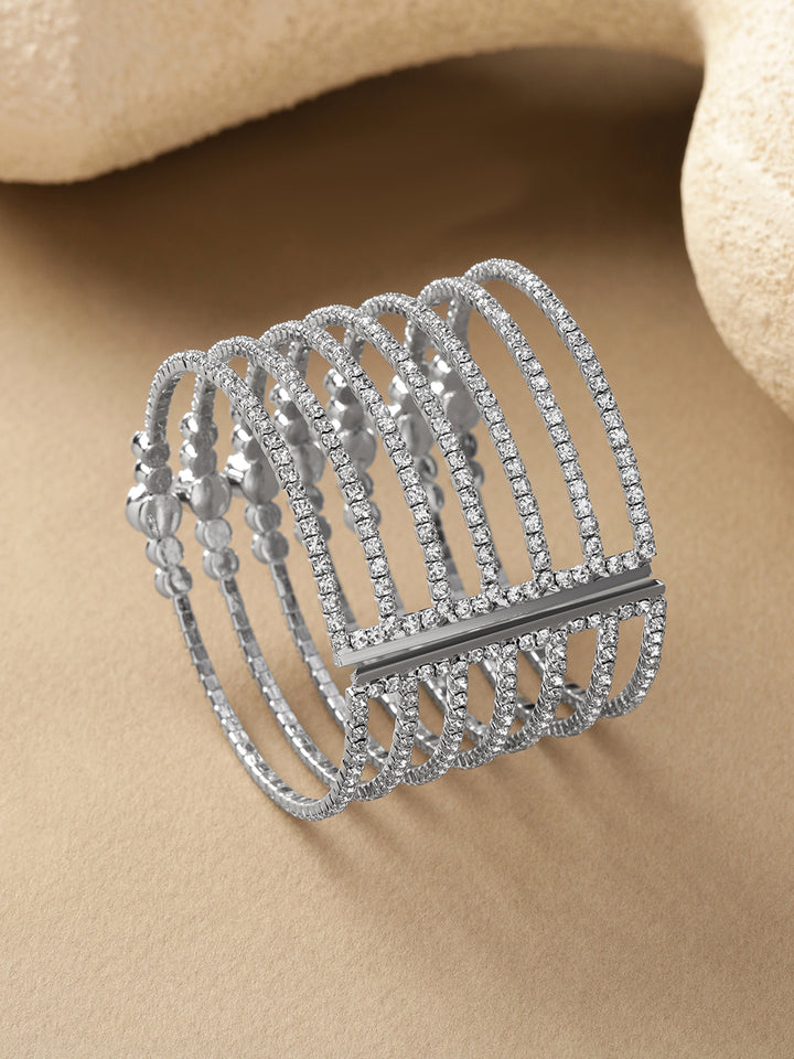 Rubans Rhodium-Plated Brass Clear Cubic Zirconia Multi-Strand Statement Bracelet