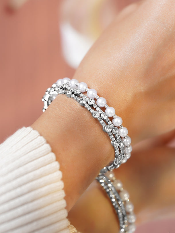 Rubans Rhodium-Plated Brass White Pearls & Crystal AD Stones Dual-Row Bracelet