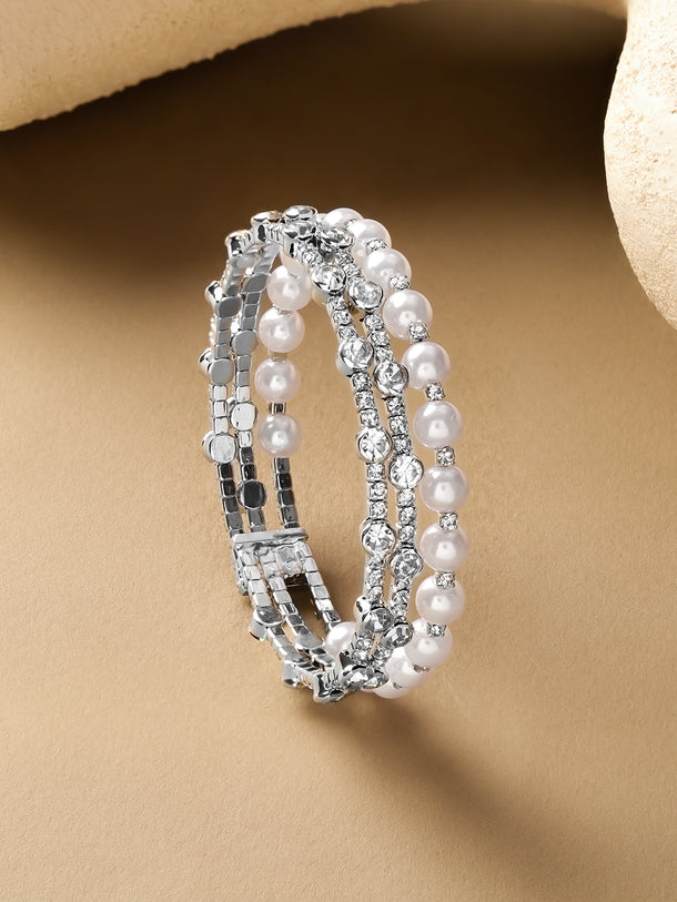 Rubans Rhodium-Plated Brass White Pearls & Crystal AD Stones Dual-Row Bracelet