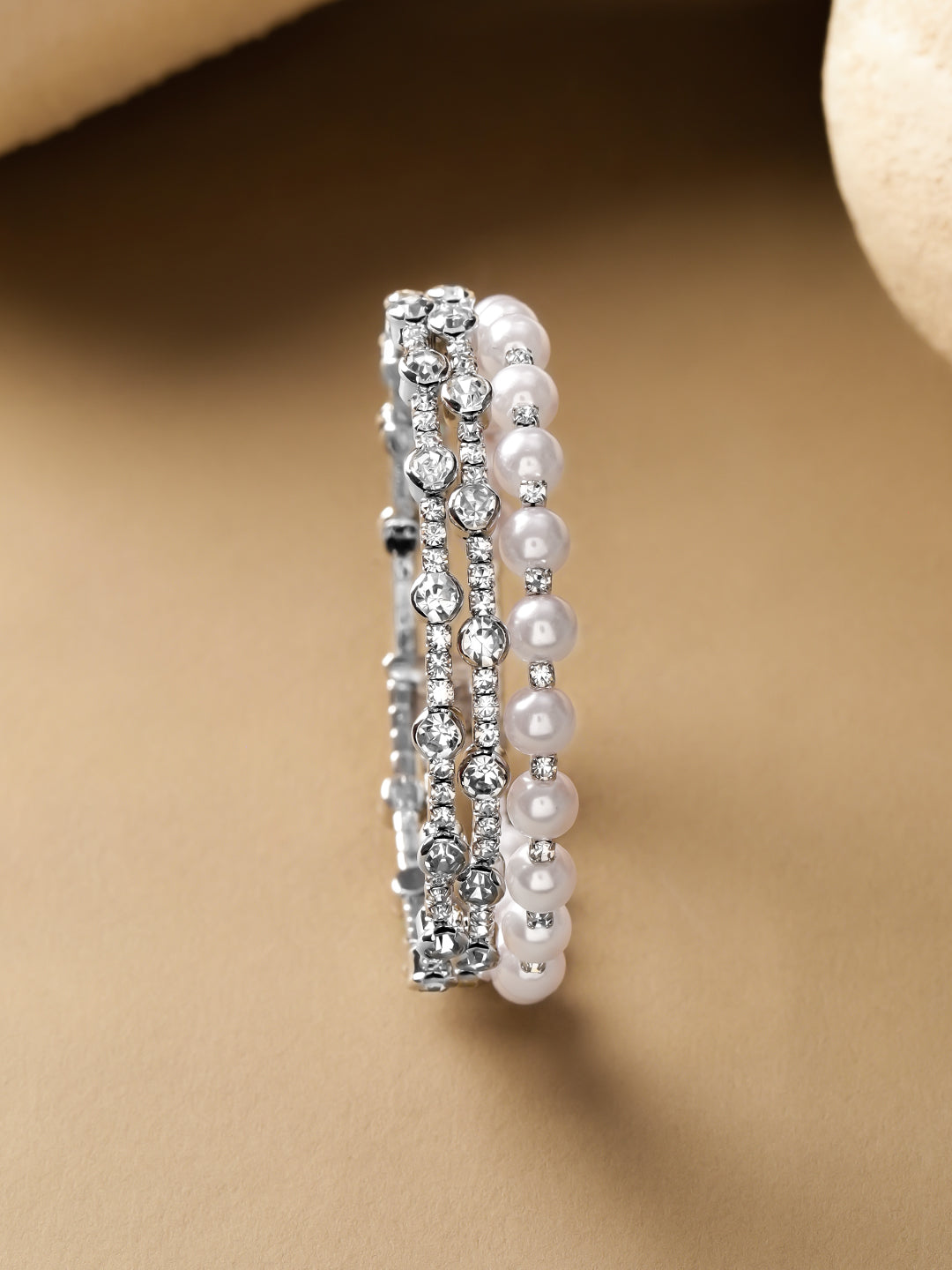 Rubans Rhodium-Plated Brass White Pearls & Crystal AD Stones Dual-Row Bracelet