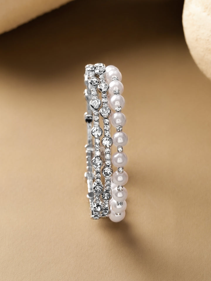 Rubans Rhodium-Plated Brass White Pearls & Crystal AD Stones Dual-Row Bracelet