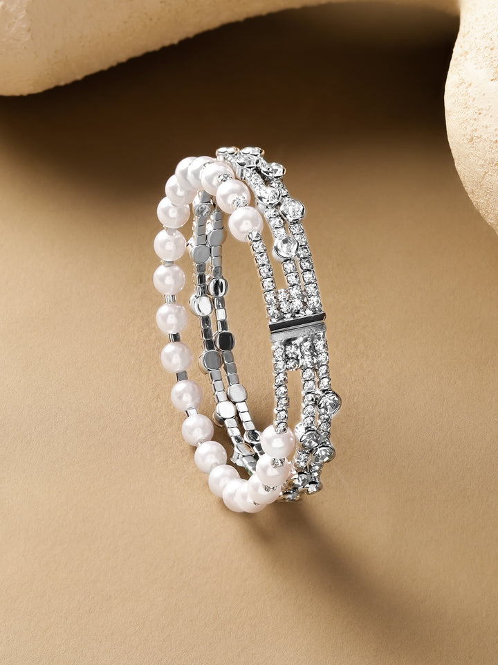 Rubans Rhodium-Plated Brass White Pearls & Crystal AD Stones Dual-Row Bracelet