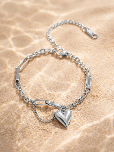 Demi Fine Rhodium Plated Heart Charm Link Chain Bracelet | Anti Tarnish