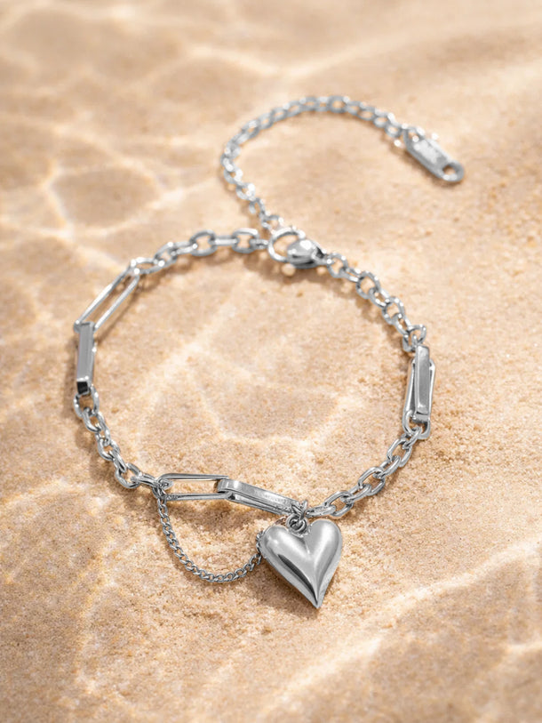 Demi Fine Rhodium Plated Heart Charm Link Chain Bracelet | Anti Tarnish