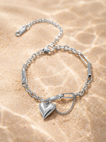 Demi Fine Rhodium Plated Heart Charm Link Chain Bracelet | Anti Tarnish