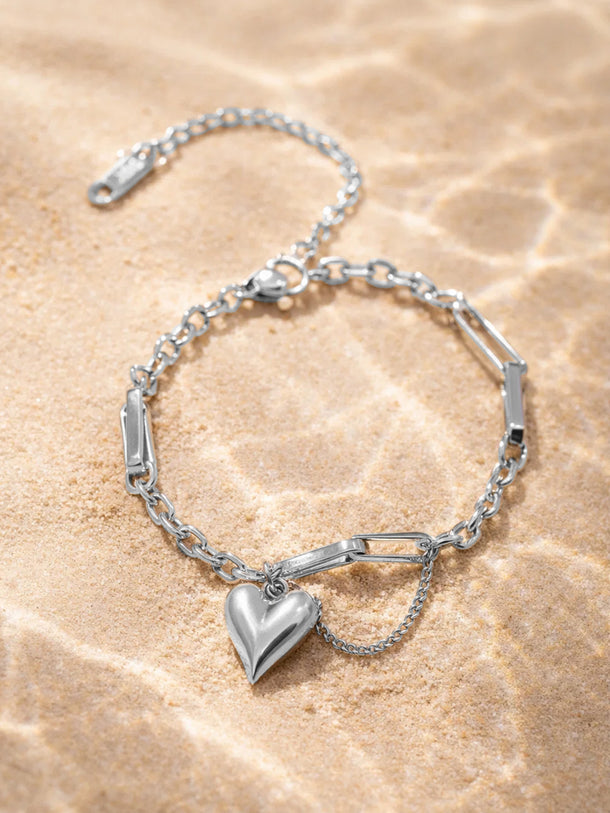 Demi Fine Rhodium Plated Heart Charm Link Chain Bracelet | Anti Tarnish