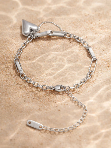 Demi Fine Rhodium Plated Heart Charm Link Chain Bracelet | Anti Tarnish