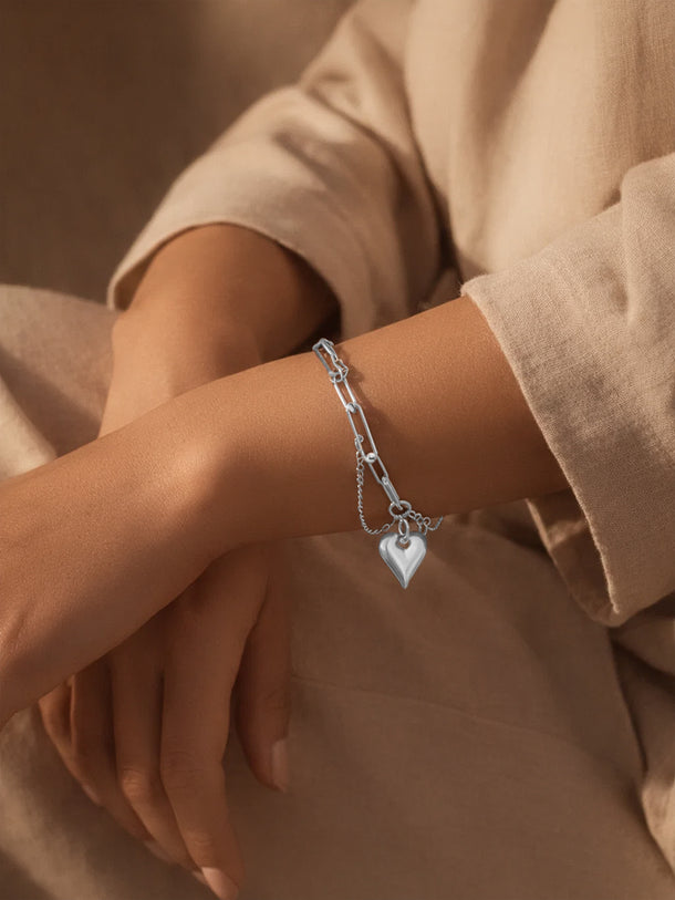 Demi Fine Rhodium Plated Heart Charm Link Chain Bracelet | Anti Tarnish