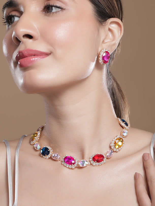 Multicolor American Diamond Zirconia Crystal Necklace Set