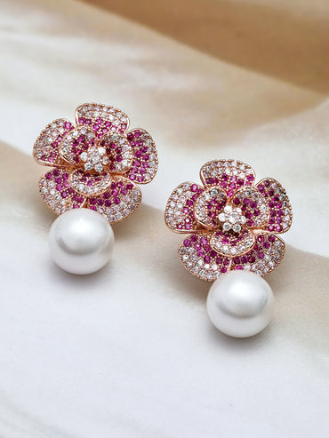 Delicate American Diamond Zirconia Flower Pearl Earrings