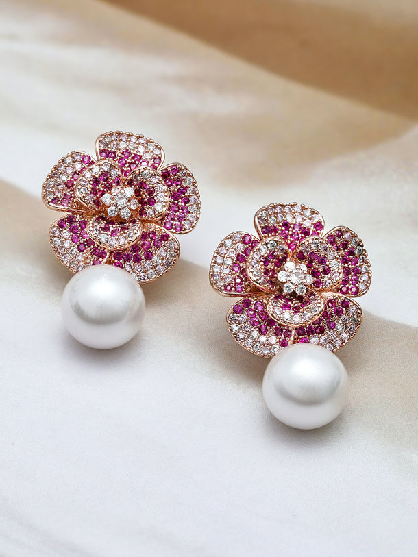 Delicate American Diamond Zirconia Flower Pearl Earrings