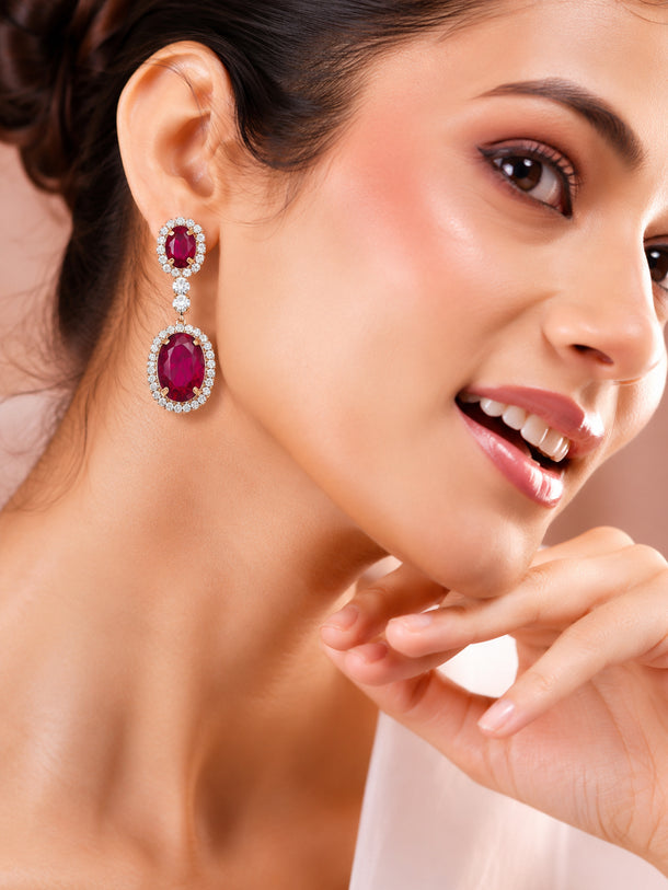 Rhodium Plated Crystal Pink Teardrop Earrings