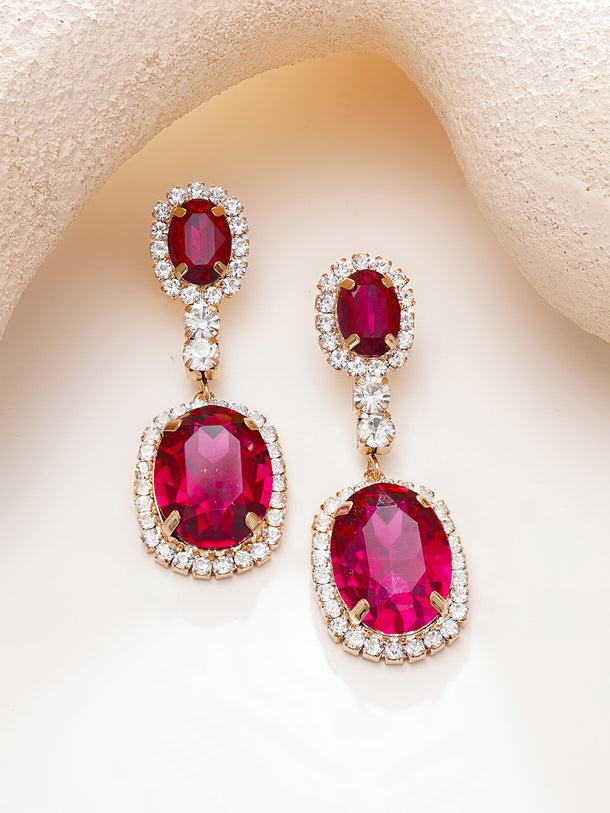 Rhodium Plated Crystal Pink Teardrop Earrings