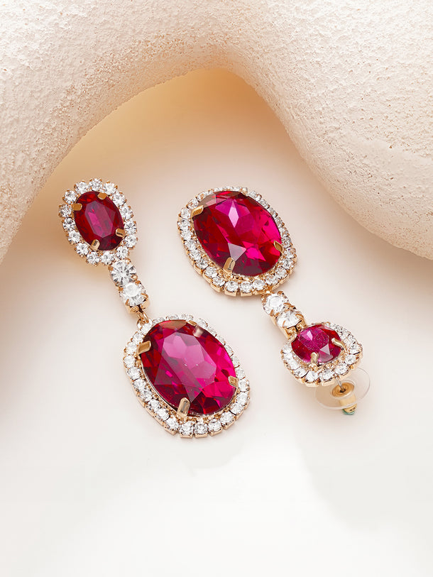 Rhodium Plated Crystal Pink Teardrop Earrings