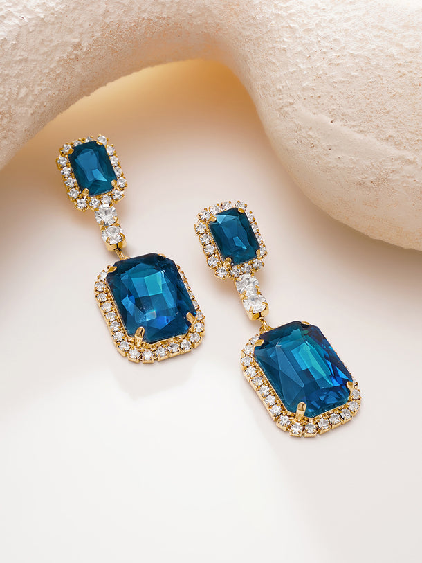 Gold Plated Geometric Crystal Blue Drop Earrings