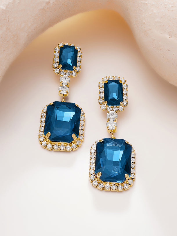 Gold Plated Geometric Crystal Blue Drop Earrings