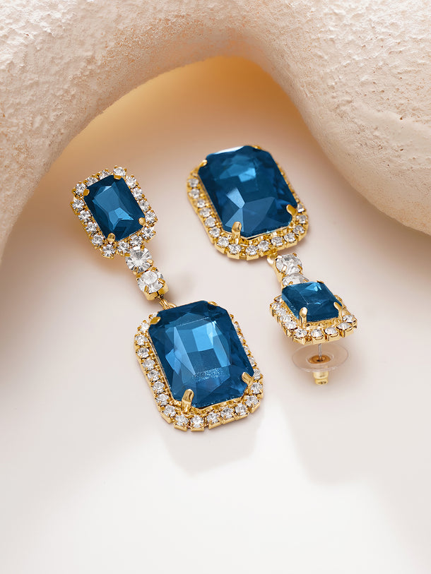 Gold Plated Geometric Crystal Blue Drop Earrings