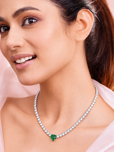 Rhodium Plated Green Heart Crystal Necklace