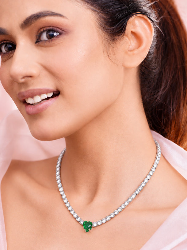 Rhodium Plated Green Heart Crystal Necklace