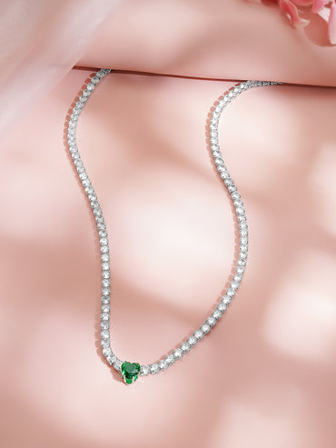 Rhodium Plated Green Heart Crystal Necklace