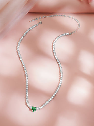 Rhodium Plated Green Heart Crystal Necklace