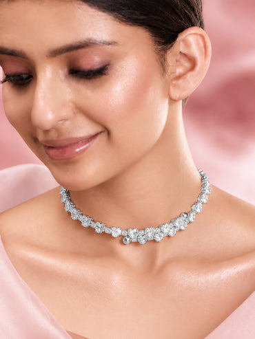 Rhodium Plated Heart Link Crystal Choker Necklace