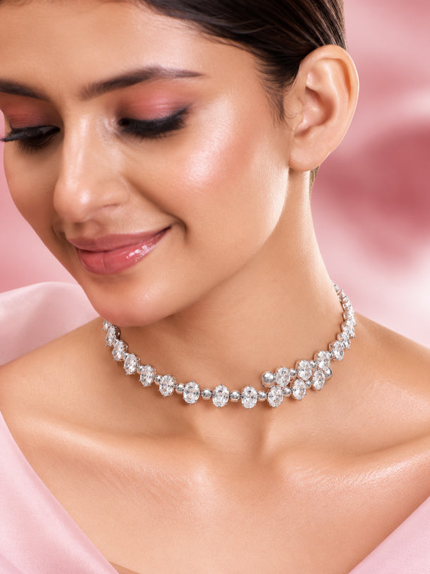 Rhodium Plated Crystal Link Choker Necklace
