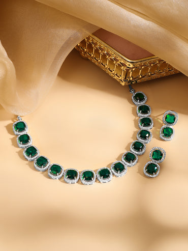American Diamond Zirconia Emerald Necklace Set