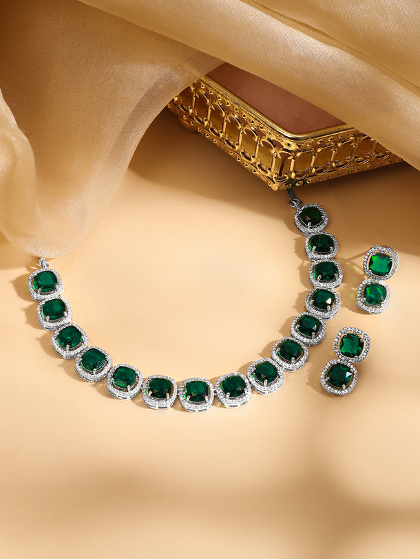 American Diamond Zirconia Emerald Necklace Set