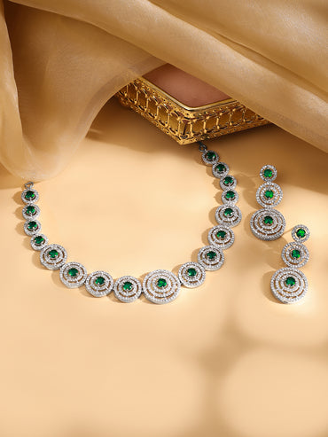 Rubans Rhodium Plated Emerald Green Zircons Studded Jewellery Set