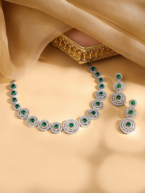 Rubans Rhodium Plated Emerald Green Zircons Studded Jewellery Set
