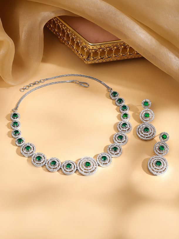 Rubans Rhodium Plated Emerald Green Zircons Studded Jewellery Set