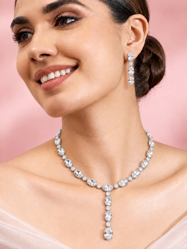 Rhodium Plated Geometric Crystal Link Necklace Set