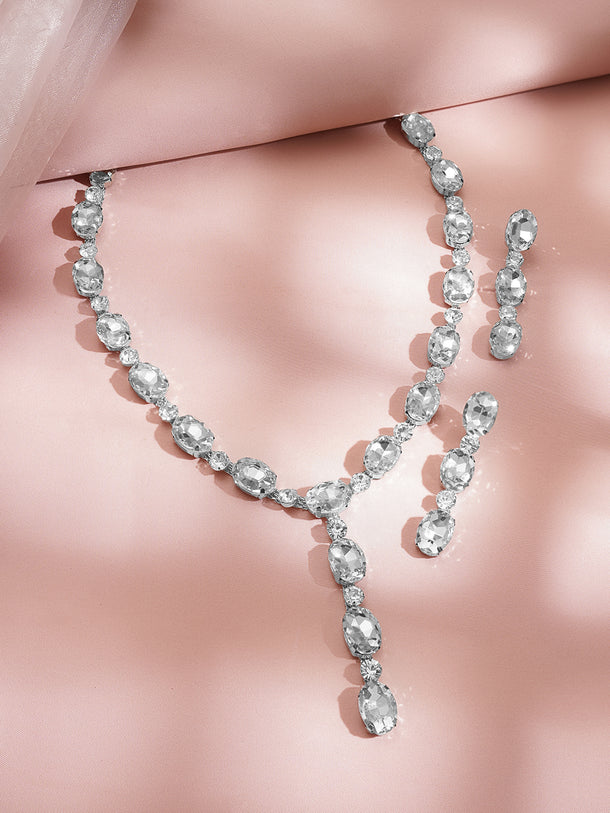Rhodium Plated Geometric Crystal Link Necklace Set
