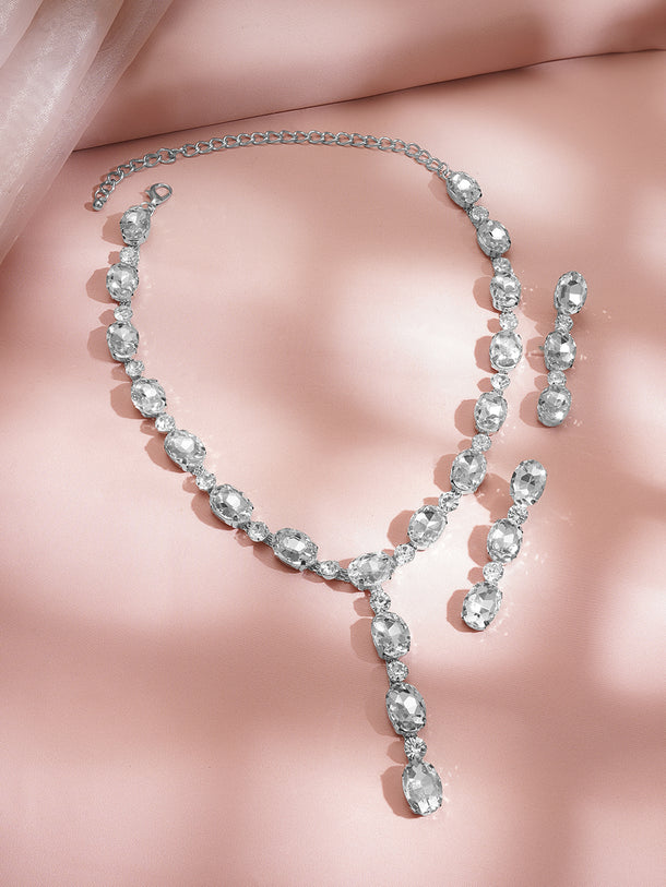 Rhodium Plated Geometric Crystal Link Necklace Set