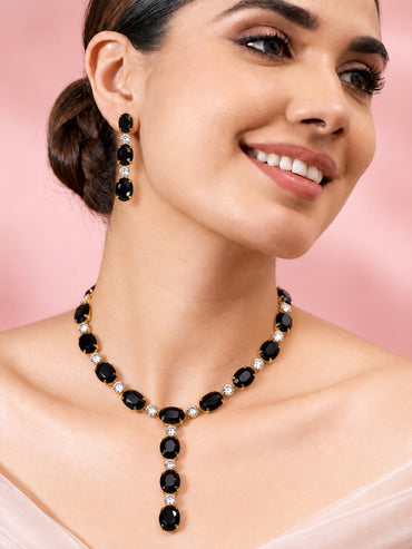 Gold Plated Geometric Crystal Onyx Black Necklace Set