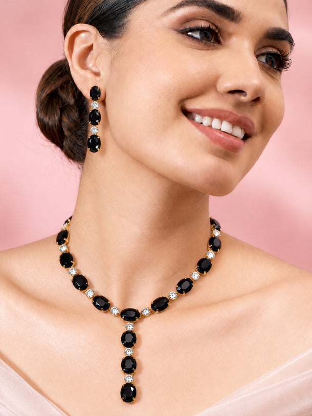 Gold Plated Geometric Crystal Onyx Black Necklace Set