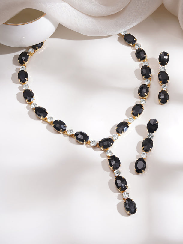 Gold Plated Geometric Crystal Onyx Black Necklace Set
