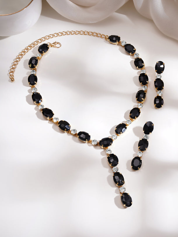 Gold Plated Geometric Crystal Onyx Black Necklace Set