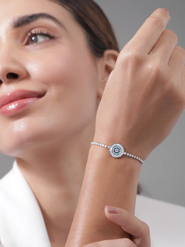 Rubans Rhodium Plated Cubic Zirconia & Blue Stone Studded Adjustable Bracelet