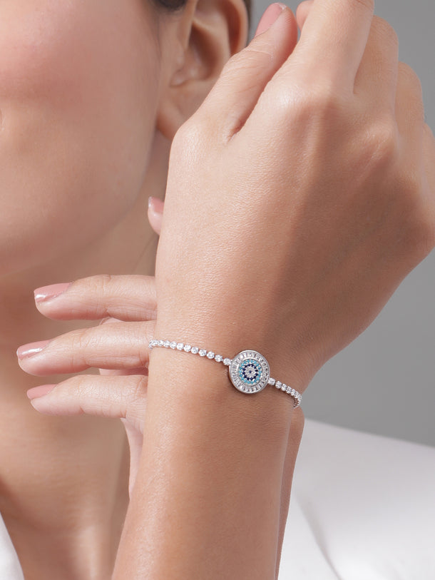Rubans Rhodium Plated Cubic Zirconia & Blue Stone Studded Adjustable Bracelet