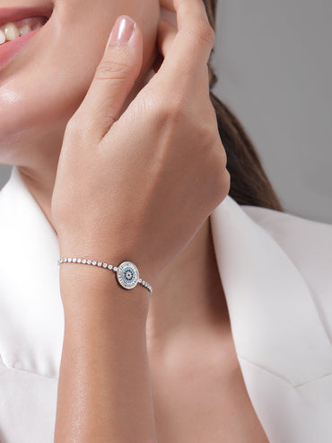 Rubans Rhodium Plated Cubic Zirconia & Blue Stone Studded Adjustable Bracelet