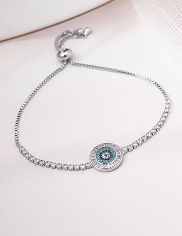 Rubans Rhodium Plated Cubic Zirconia & Blue Stone Studded Adjustable Bracelet