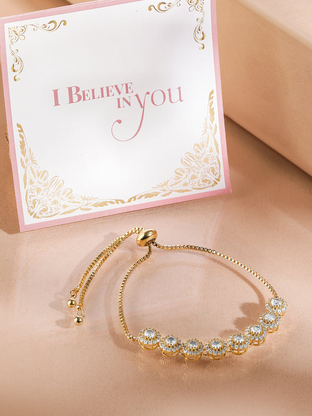18K Gold Plated Cubic Zirconia Studded Bracelet with Round Charm Accents