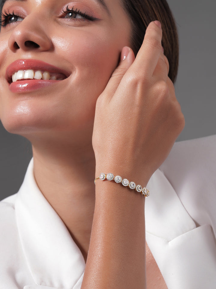 18K Gold Plated Cubic Zirconia Studded Bracelet with Round Charm Accents