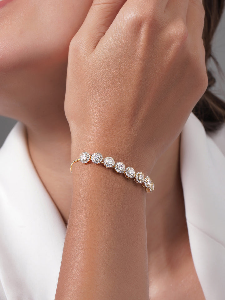 18K Gold Plated Cubic Zirconia Studded Bracelet with Round Charm Accents