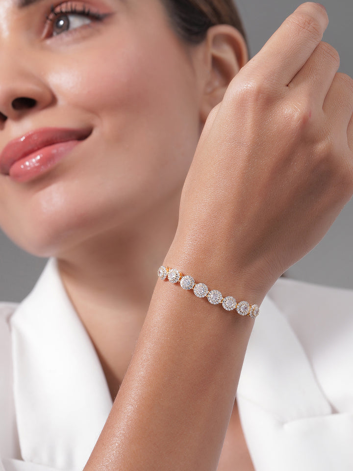 18K Gold Plated Cubic Zirconia Studded Bracelet with Round Charm Accents