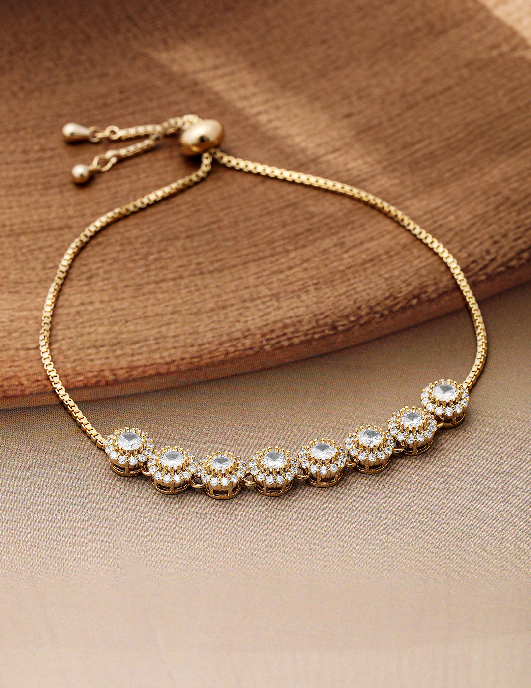 18K Gold Plated Cubic Zirconia Studded Bracelet with Round Charm Accents