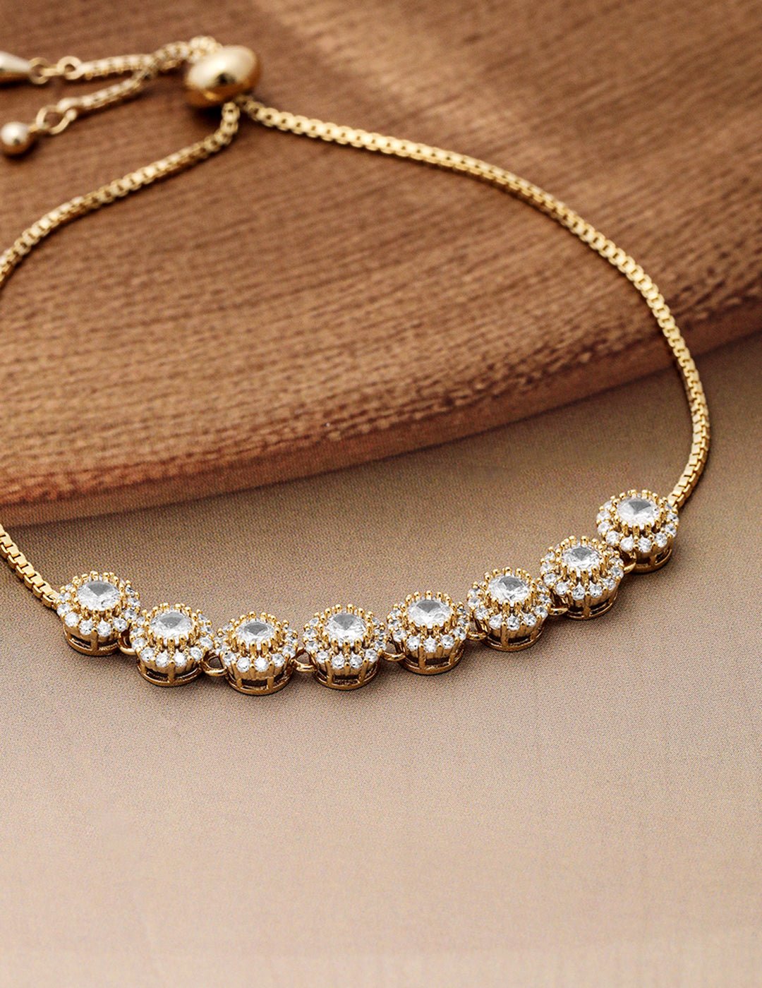 18K Gold Plated Cubic Zirconia Studded Bracelet with Round Charm Accents