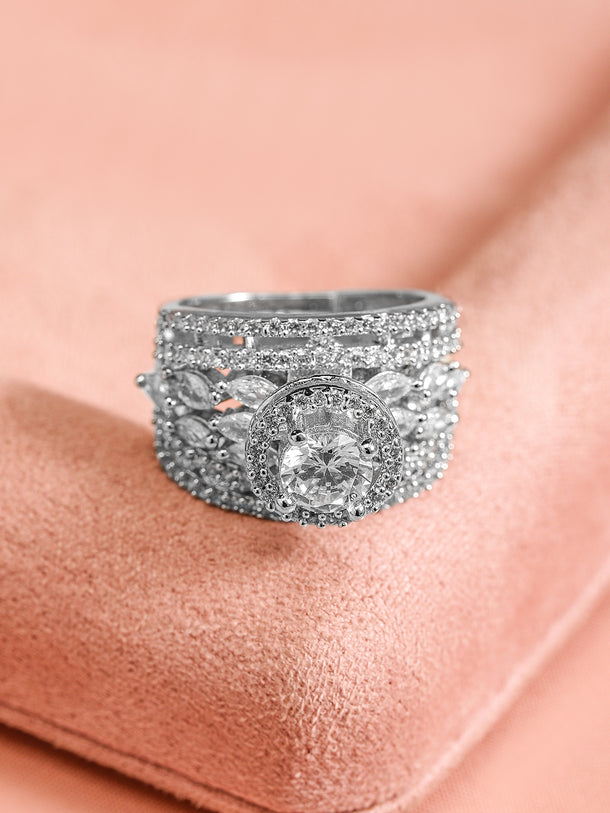 Rubans Women Rhodium Plated Cubic Zirconia Studded Adjustable Finger Ring